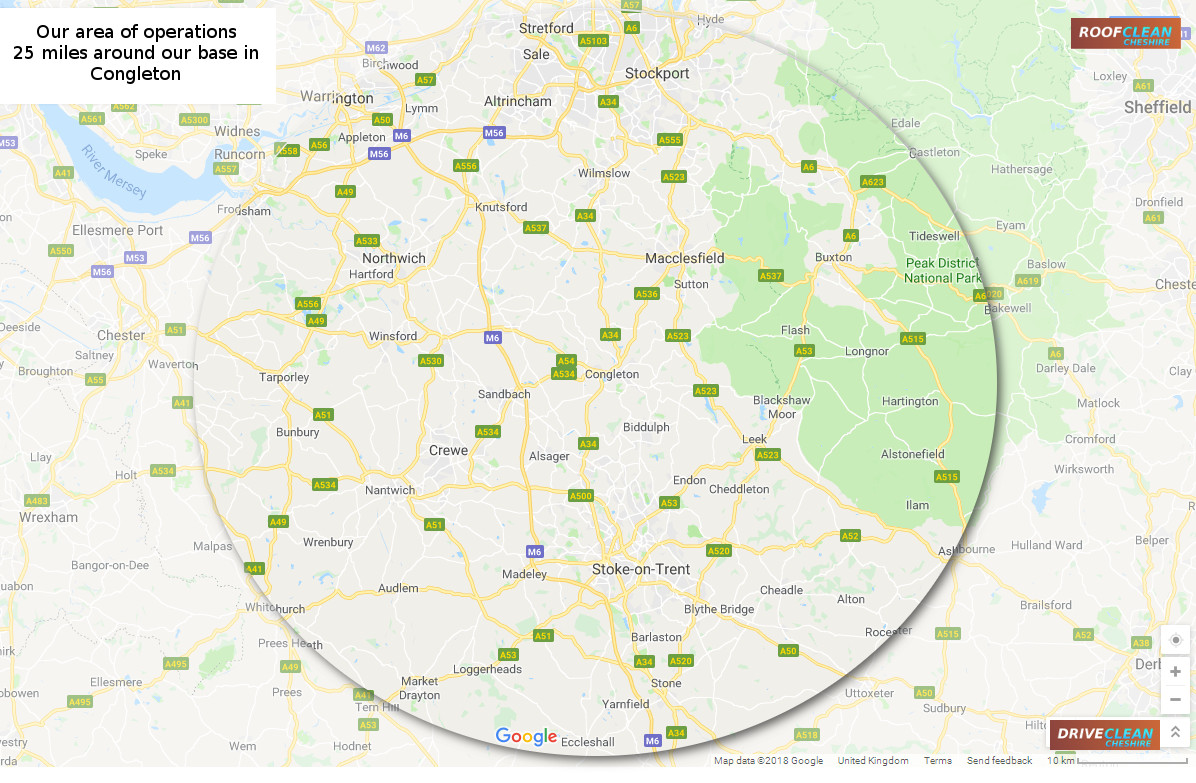 Area of operations for Roofcleaning and Driveway Cleaning in cheshire.